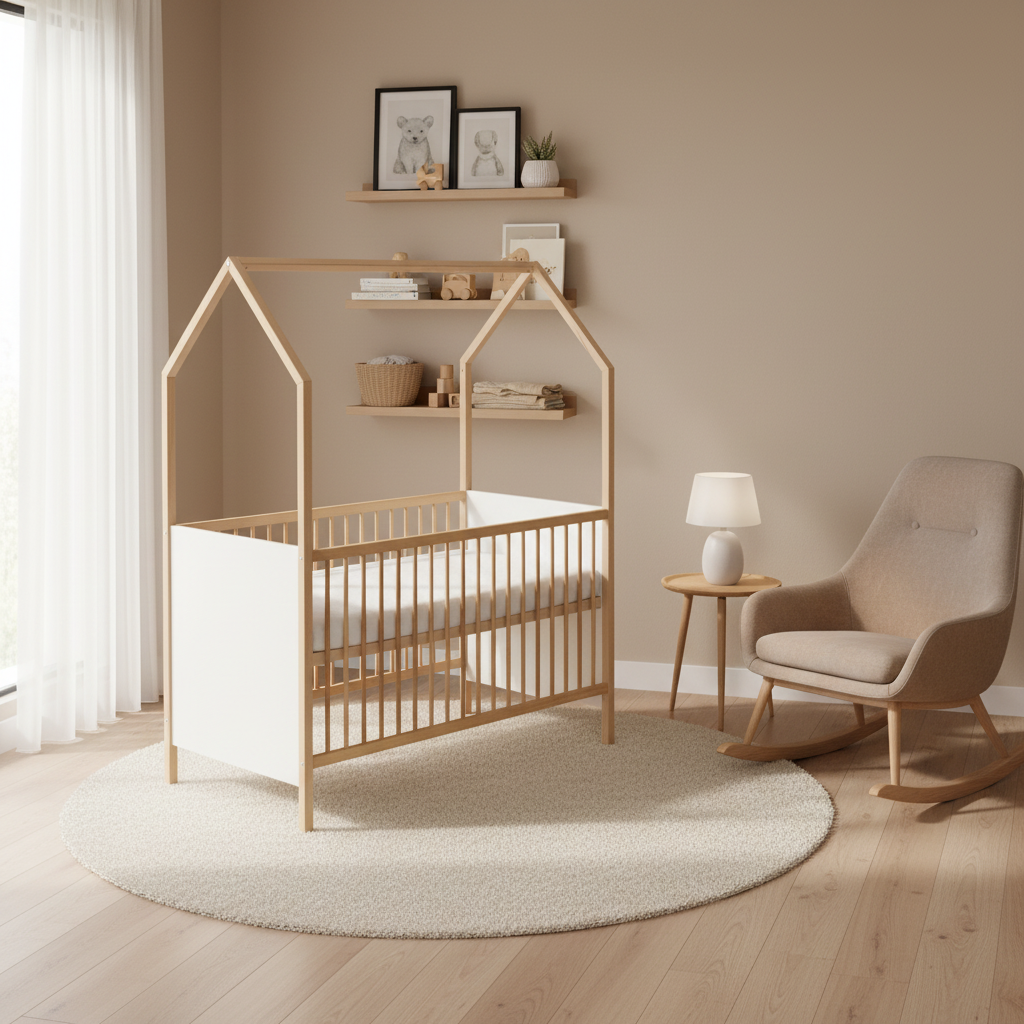 Hausbett Venice 70x140 cm – Weiß/Buche Massiv naturbelassen