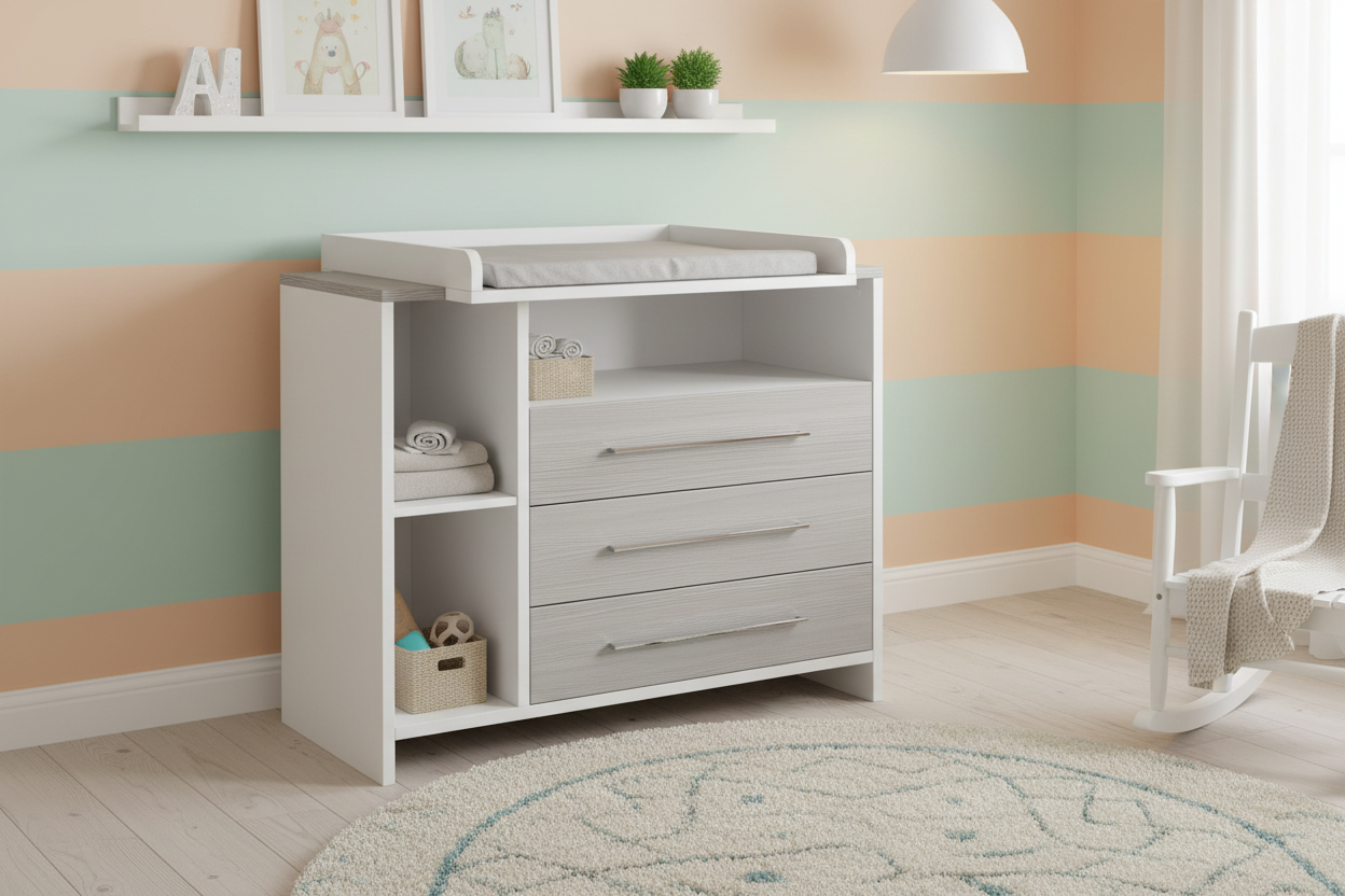 Wickelkommode Eco Silber – Weiß/Pinie Silber mit Seitenregal