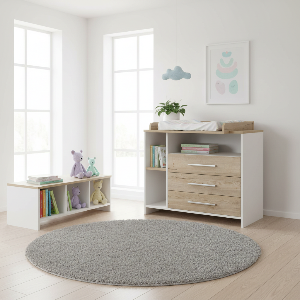 Wickelkommode Eco Plus – Weiß/Halifax Eiche mit Seitenregal
