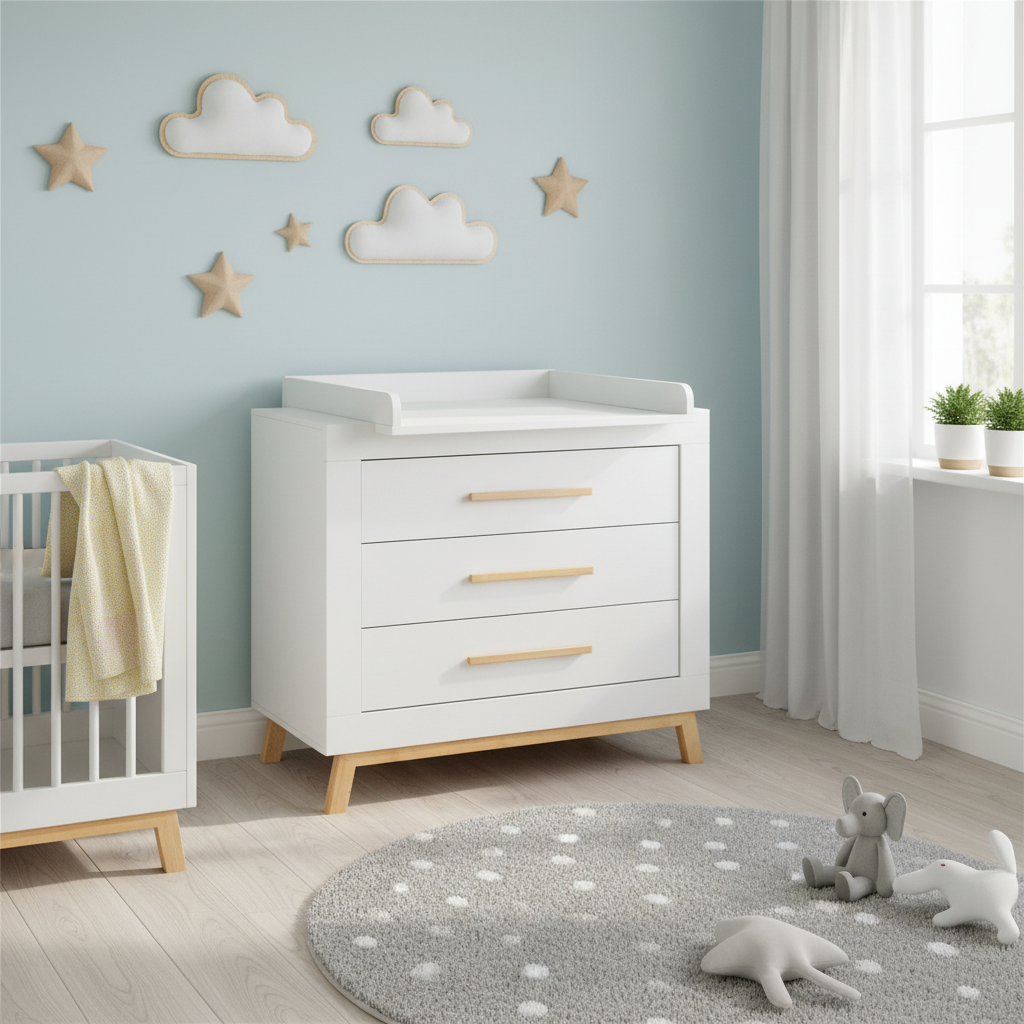 Wickelkommode Miami White – Weiß/Buche Massiv geölt