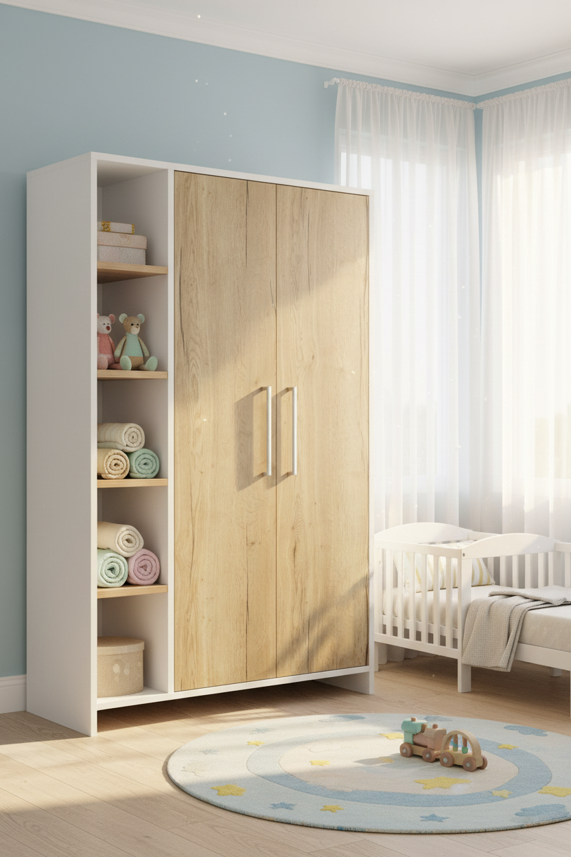 Kleiderschrank Eco Plus 2-türig – Weiß/Halifax Eiche mit Seitenregal