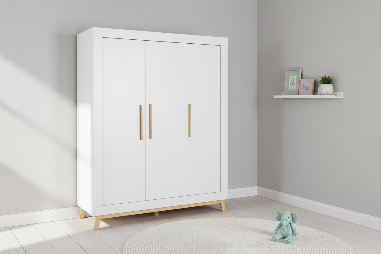 Kleiderschrank Miami White 3-türig – Weiß/Buche Massiv geölt