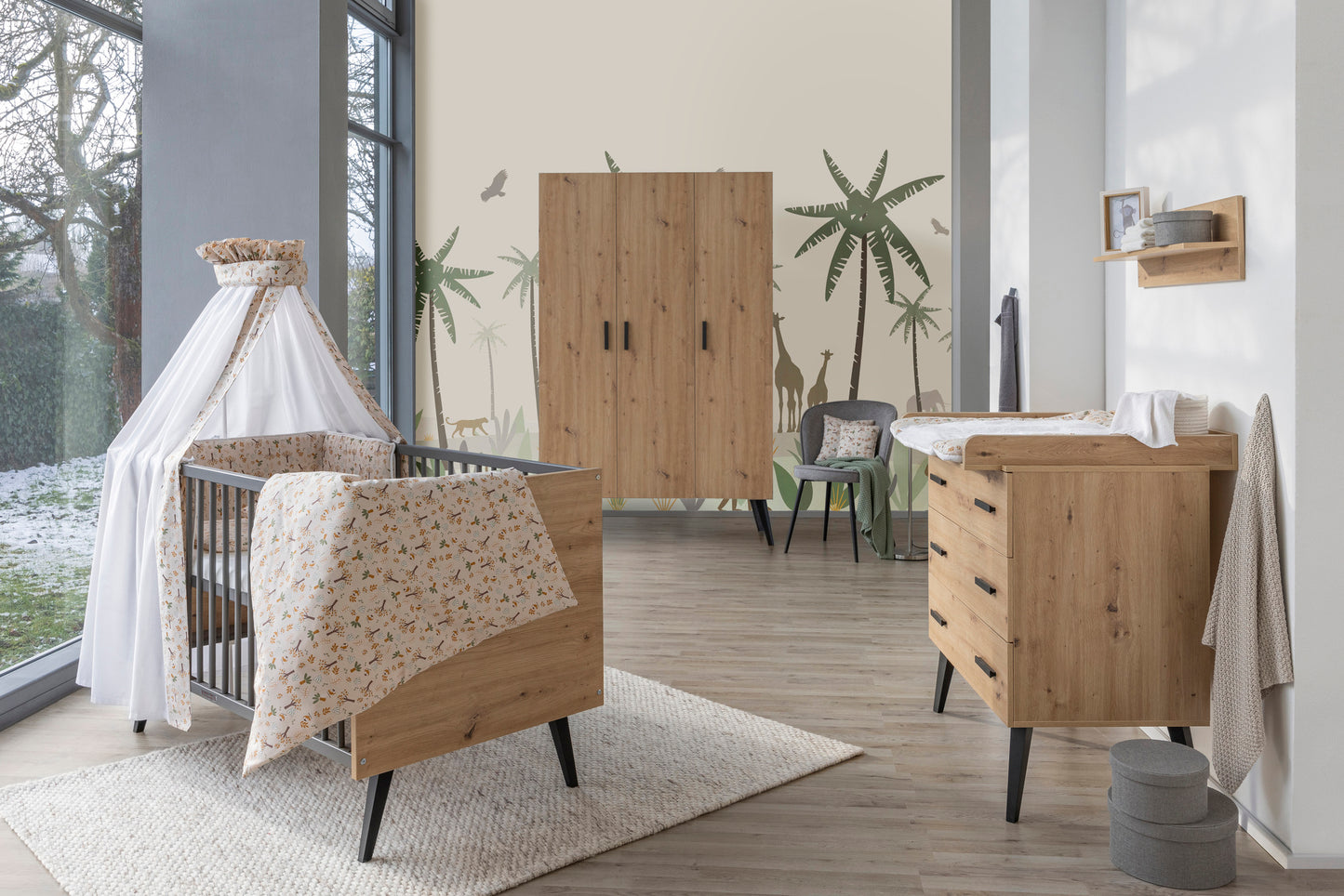 Kinderzimmer-Set MORRIS OAK 3-teilig – Bett, Wickelkommode & Kleiderschrank