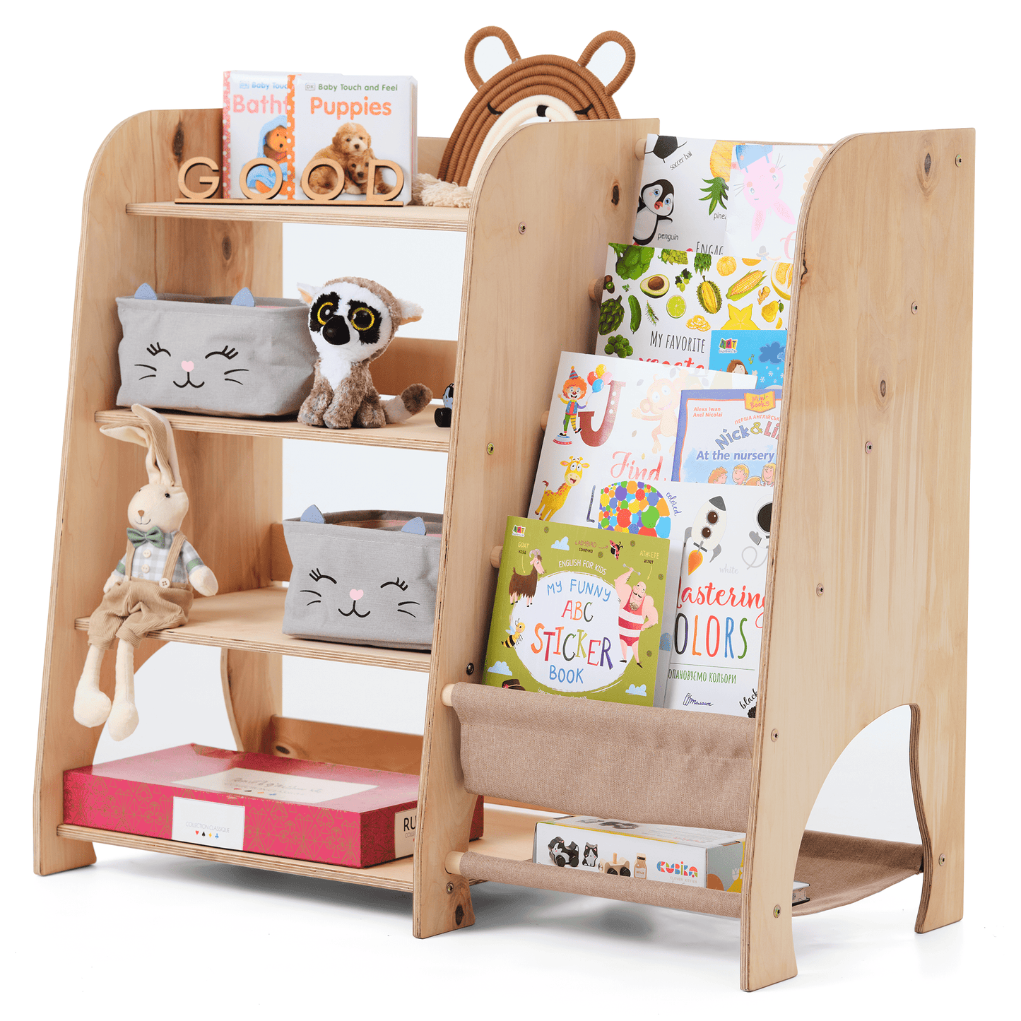 2in1 Montessori-Regal Holz - Kombi-Regal für Bücher & Spielzeug im Kinderzimmer