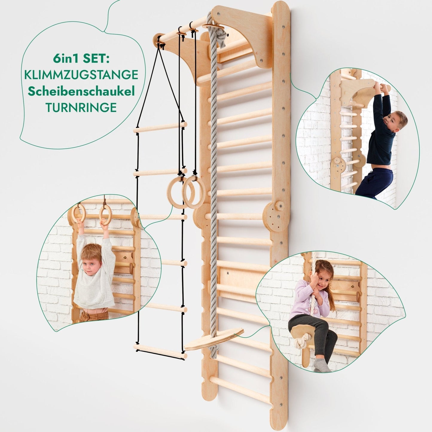 6in1 Kletterwand Indoor - Sprossenwand mit Rutsche & Turnset aus Holz