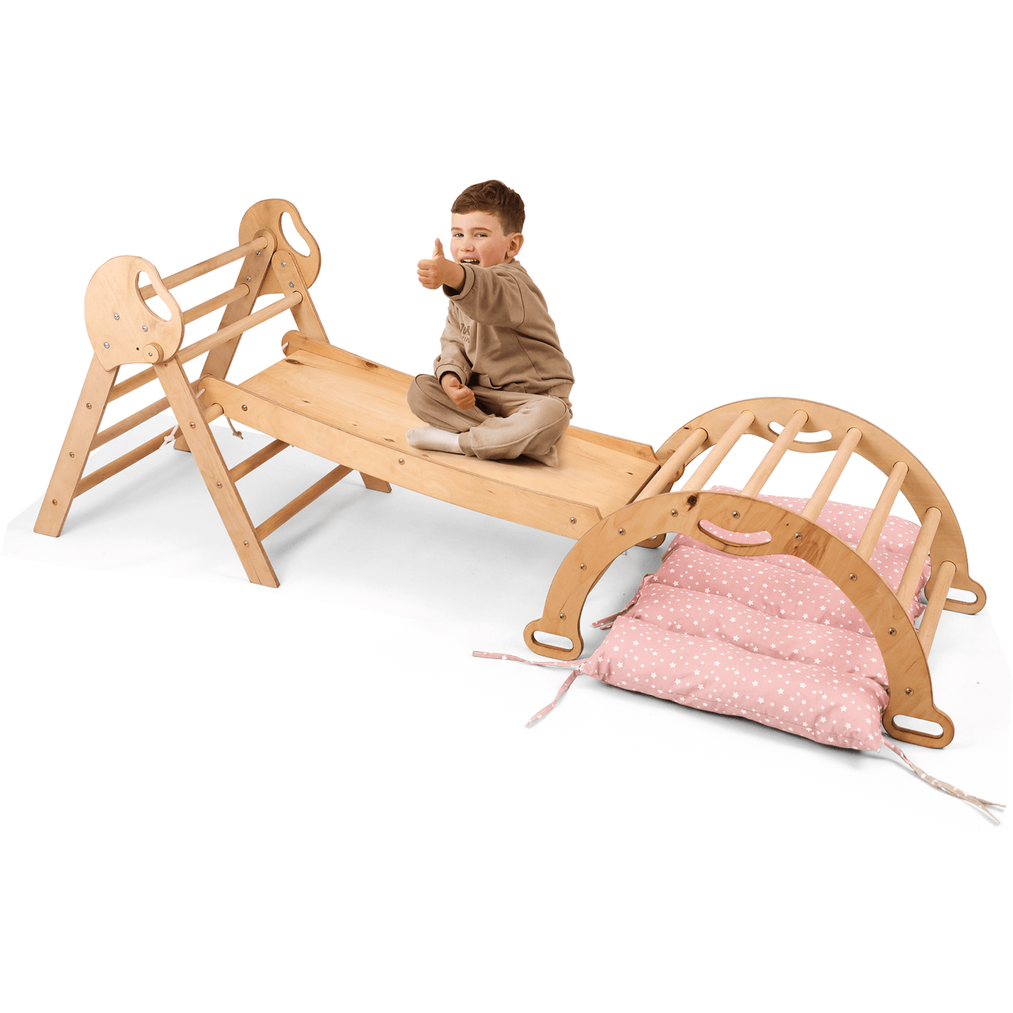 Montessori 4in1 Kletterdreieck für Babys - Pikler-Dreieck mit Bogen, Kissen & Rutsche (Beige)