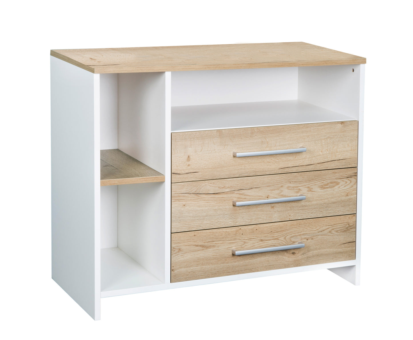 Wickelkommode Eco Plus – Weiß/Halifax Eiche mit Seitenregal