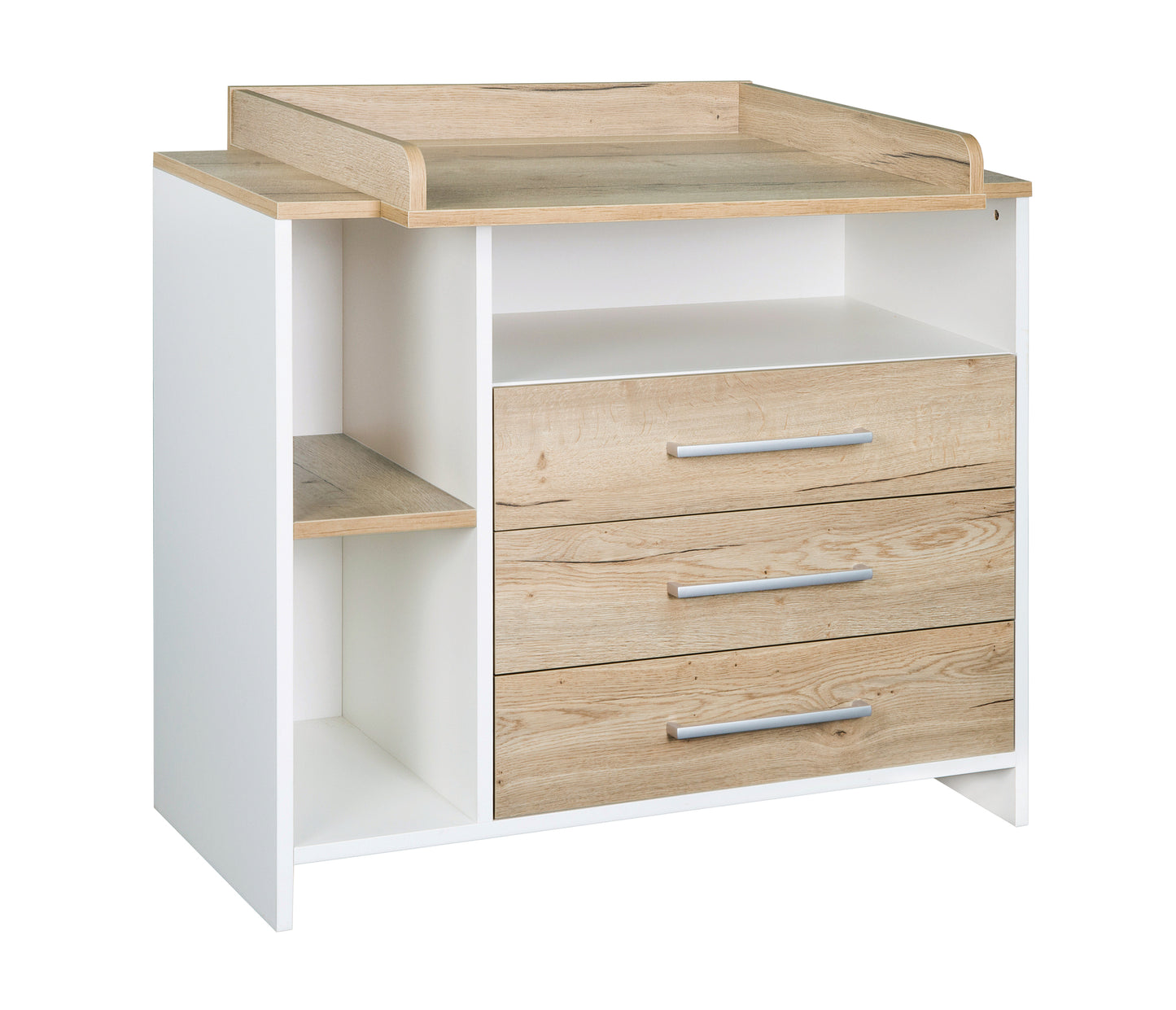 Wickelkommode Eco Plus – Weiß/Halifax Eiche mit Seitenregal