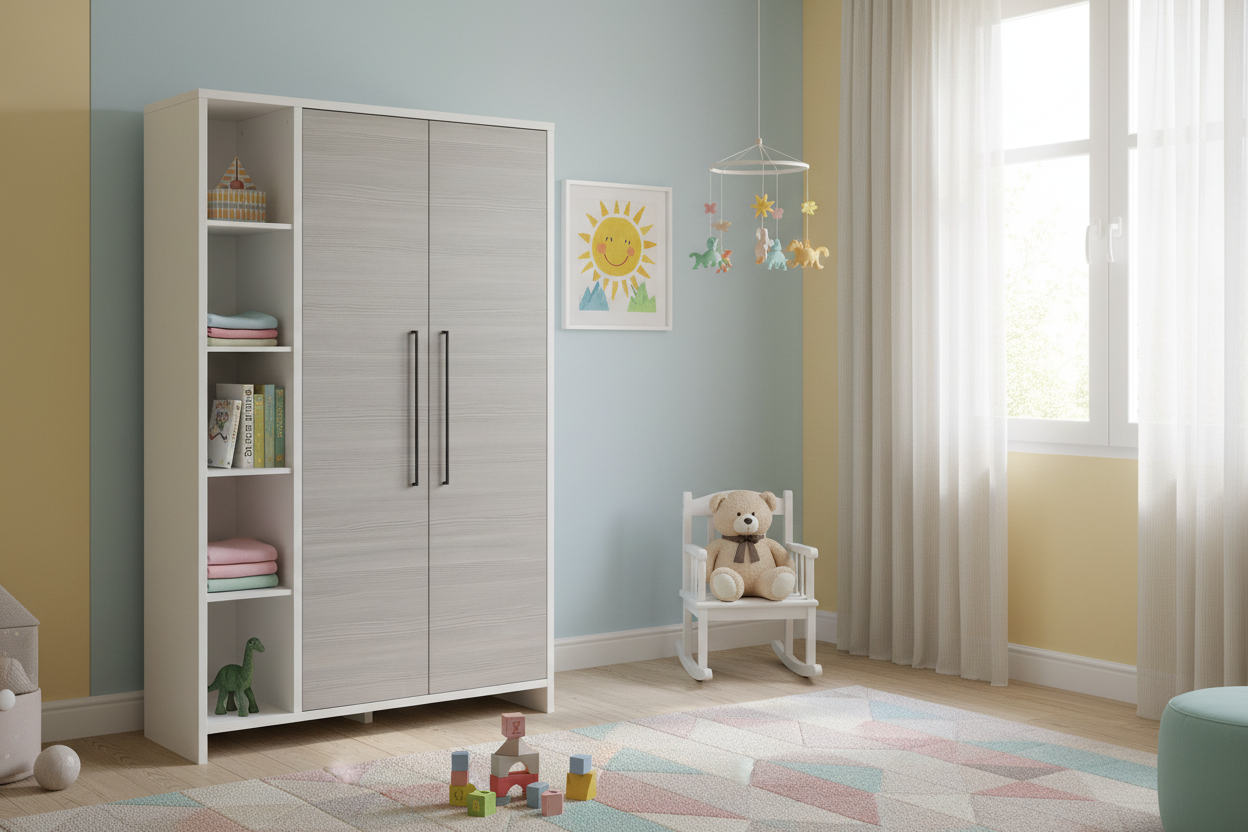 Kleiderschrank Eco Silber 2-türig – Weiß/Pinie Silber mit Seitenregal