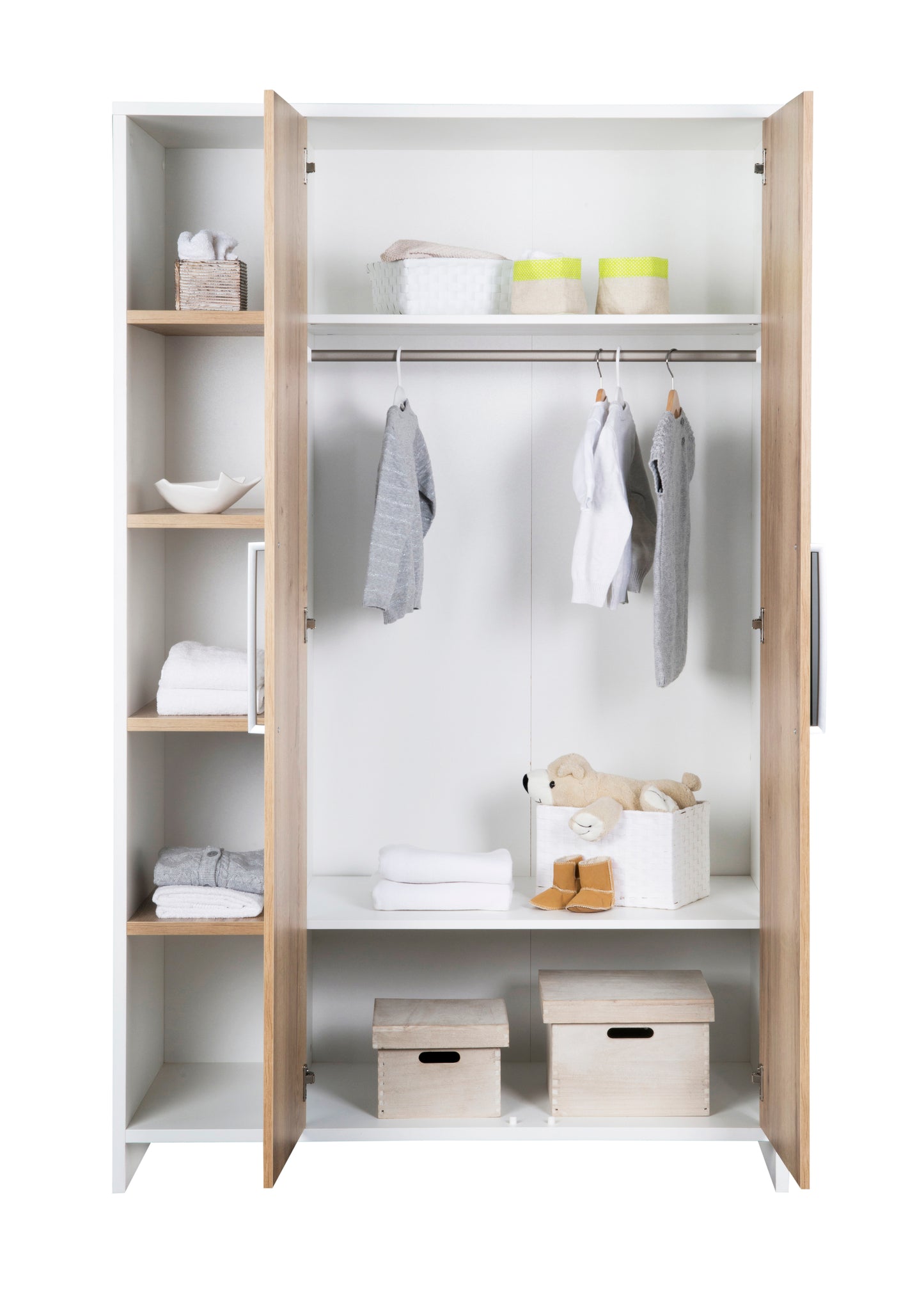 Kleiderschrank Eco Plus 2-türig – Weiß/Halifax Eiche mit Seitenregal