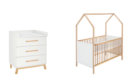 Kinderzimmer-Set Venice 2-teilig – Hausbett & Wickelkommode