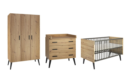 Kinderzimmer-Set MORRIS OAK 3-teilig – Bett, Wickelkommode & Kleiderschrank