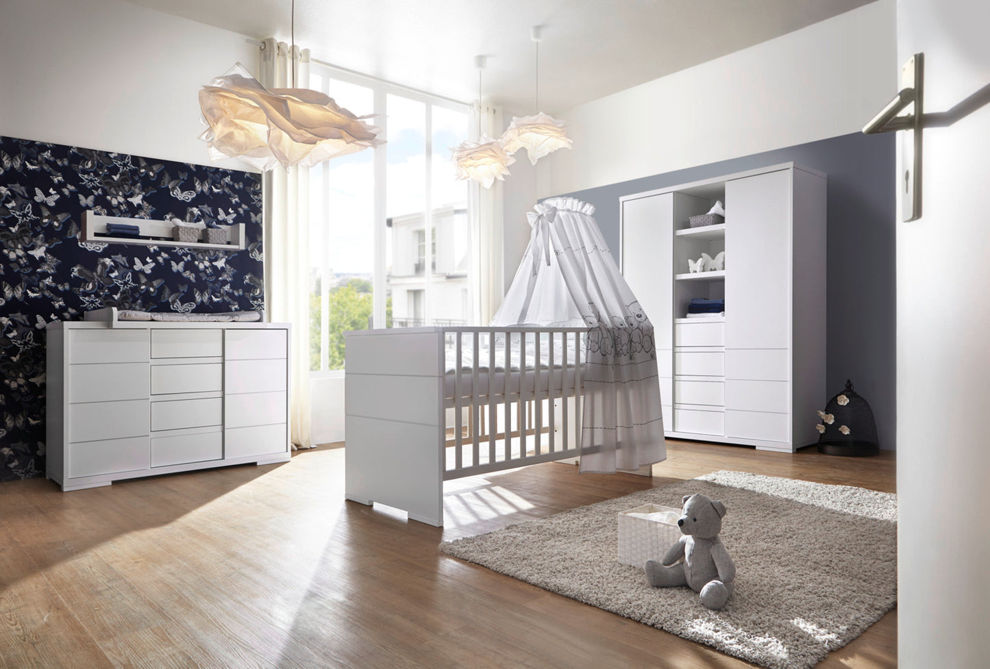 Kinderzimmer-Set Maxx White – 3-teilig: Kinderbett, Breite Wickelkommode & Kleiderschrank mit Mittelregal