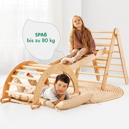 4in1 Montessori Klettergerüst Set - Kletterdreieck, Bogen mit Kissen & Rutsche (Beige)