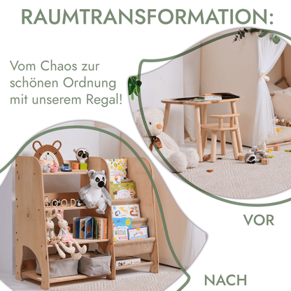 2in1 Montessori-Regal Holz - Kombi-Regal für Bücher & Spielzeug im Kinderzimmer