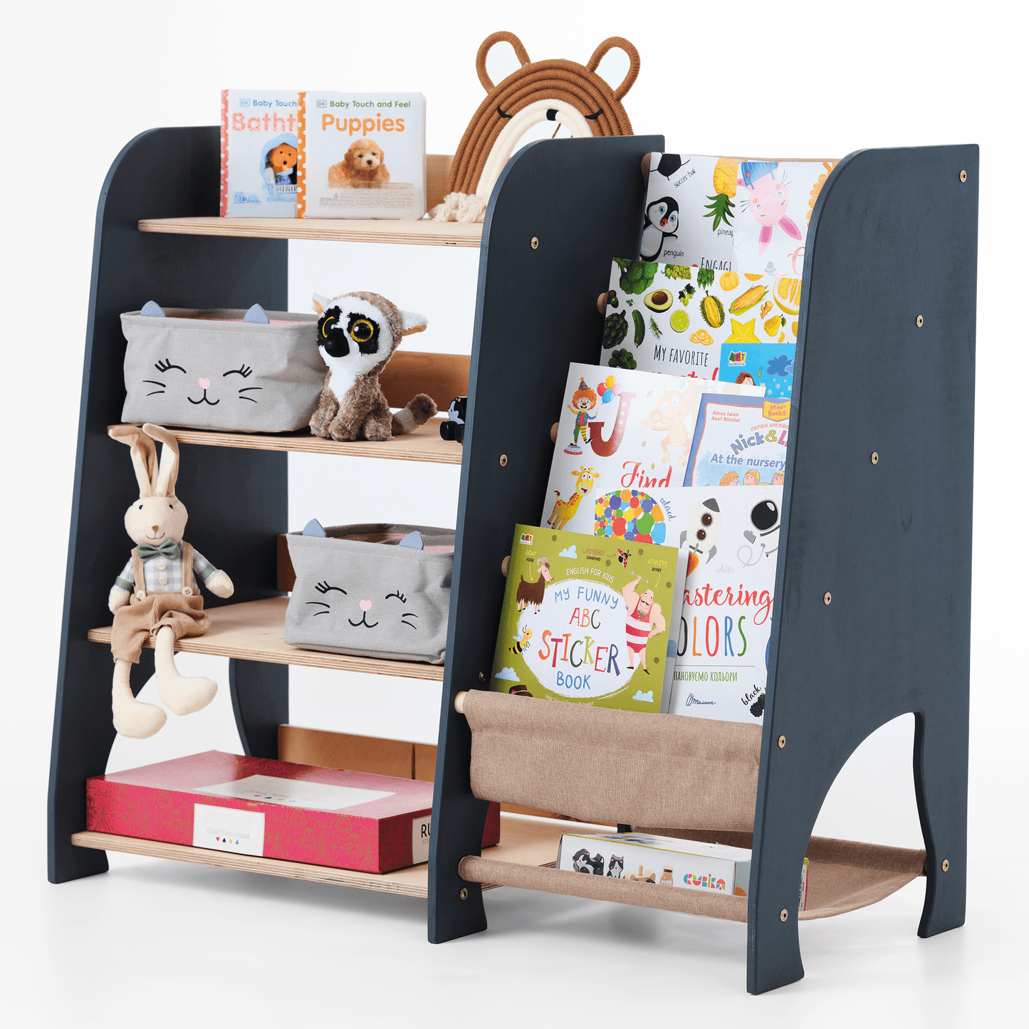 2in1 Montessori-Regal Holz - Kombi-Regal für Bücher & Spielzeug im Kinderzimmer