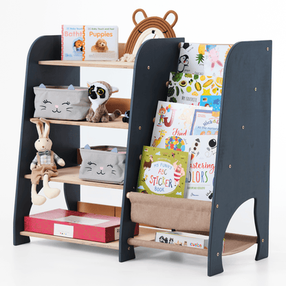 2in1 Montessori-Regal Holz - Kombi-Regal für Bücher & Spielzeug im Kinderzimmer
