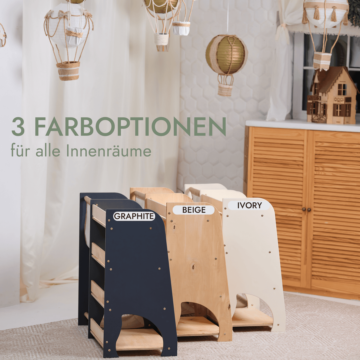 2in1 Montessori-Regal Holz - Kombi-Regal für Bücher & Spielzeug im Kinderzimmer