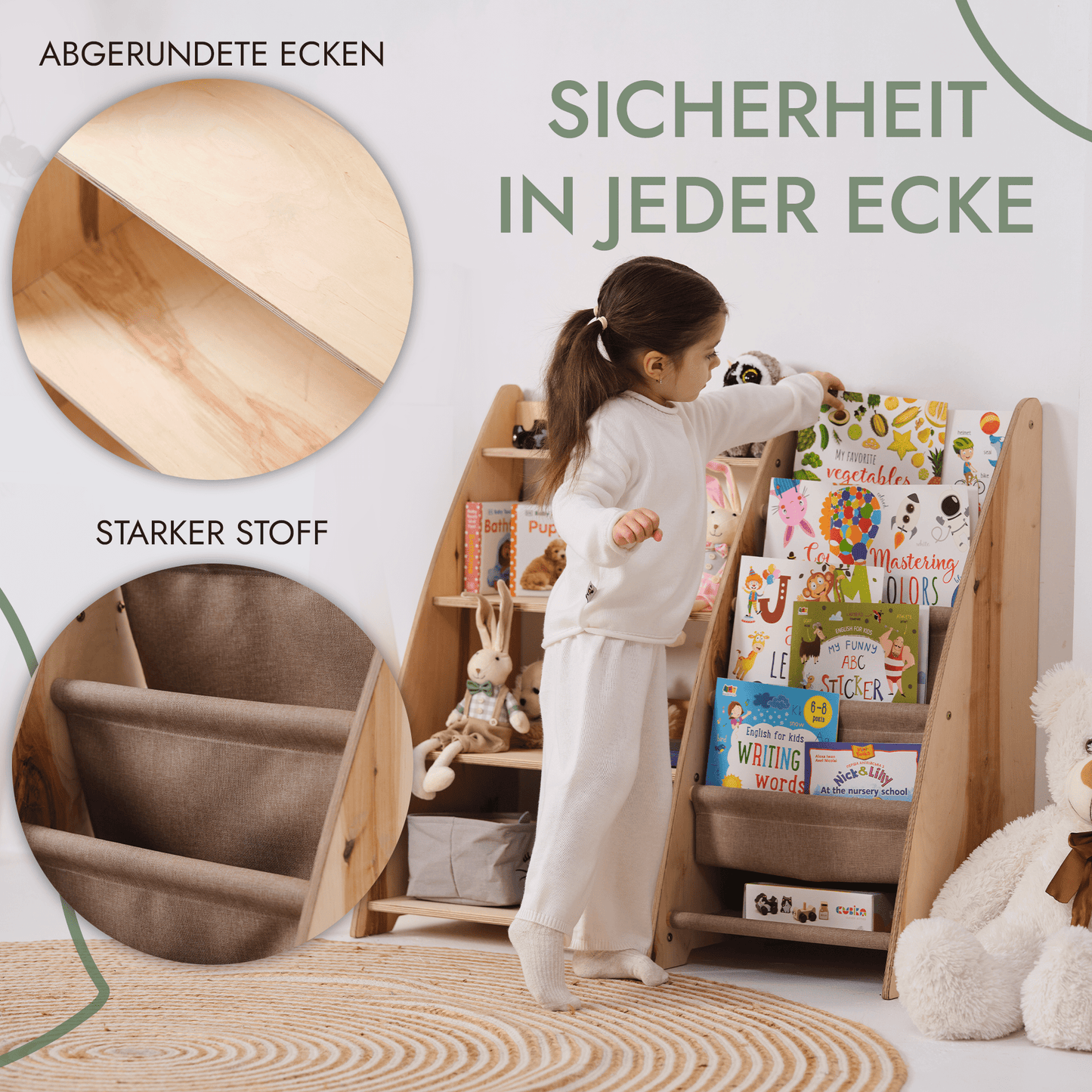 2in1 Montessori-Regal Holz - Kombi-Regal für Bücher & Spielzeug im Kinderzimmer
