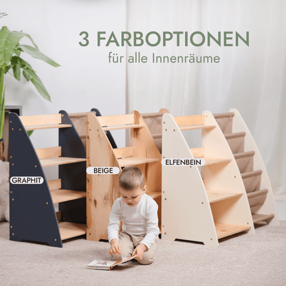 2in1 Montessori-Regal Holz - Kombi-Regal für Bücher & Spielzeug im Kinderzimmer