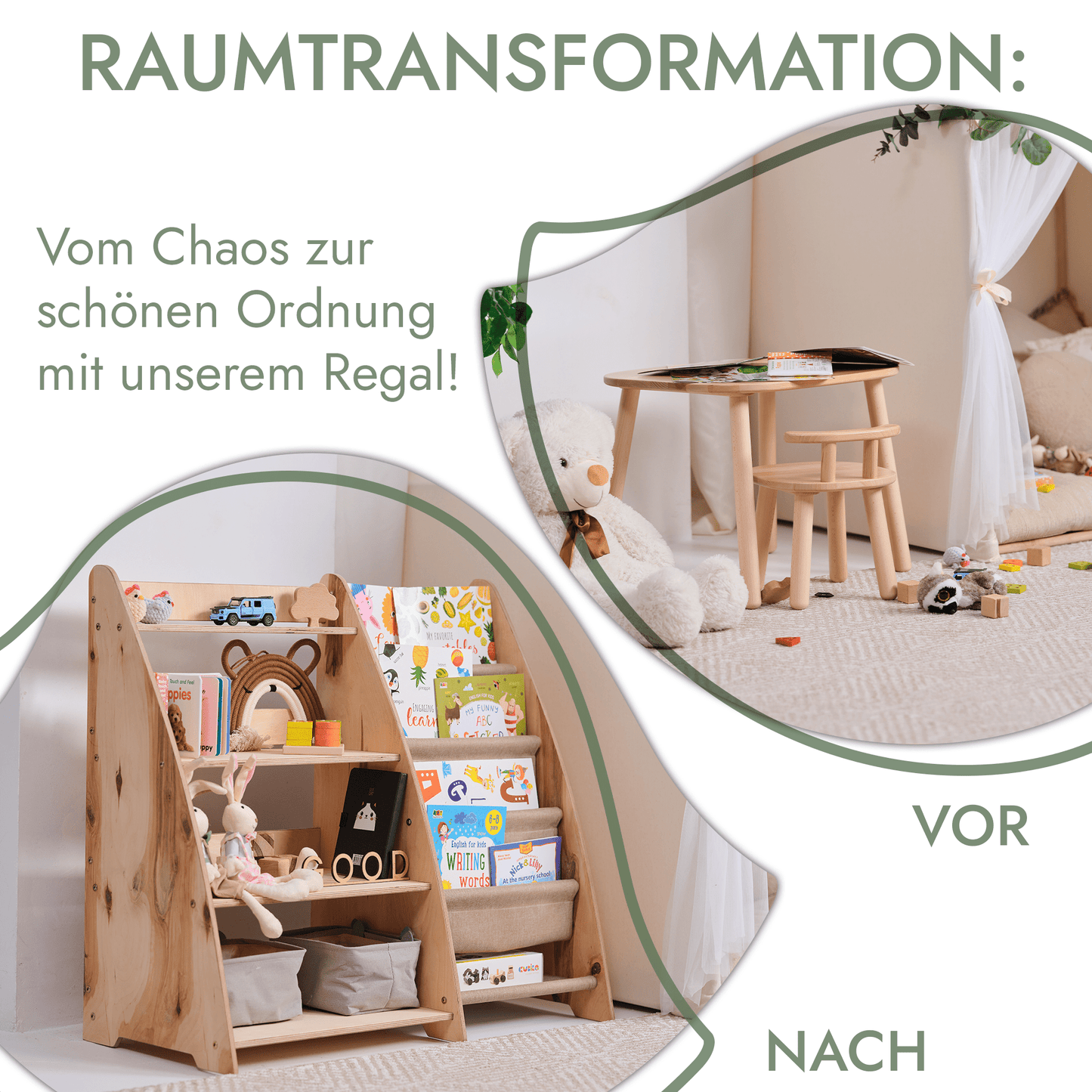 2in1 Montessori-Regal Holz - Kombi-Regal für Bücher & Spielzeug im Kinderzimmer