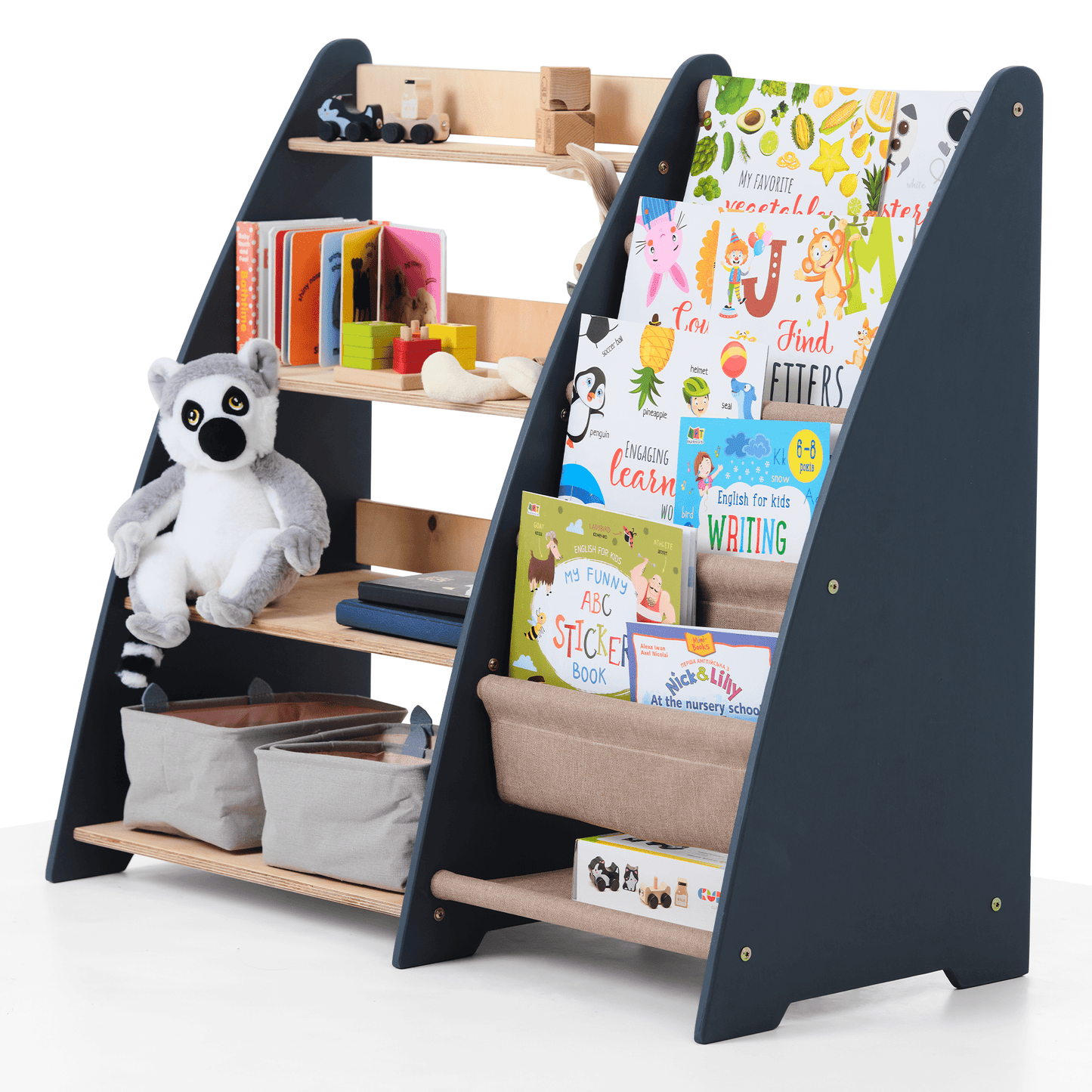 2in1 Montessori-Regal Holz - Kombi-Regal für Bücher & Spielzeug im Kinderzimmer