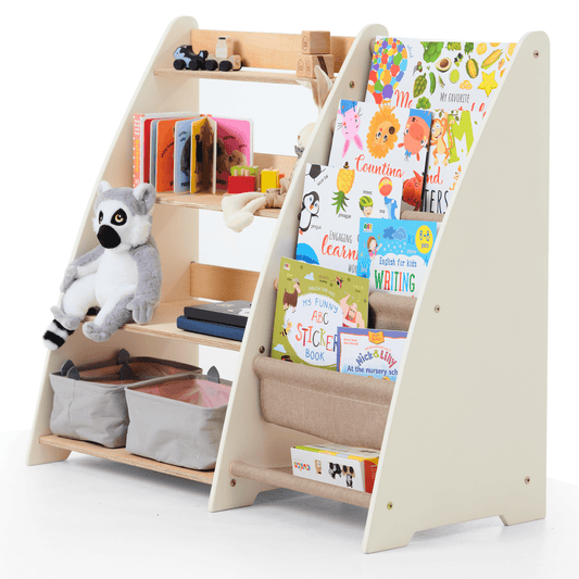 2in1 Montessori-Regal Holz - Kombi-Regal für Bücher & Spielzeug im Kinderzimmer