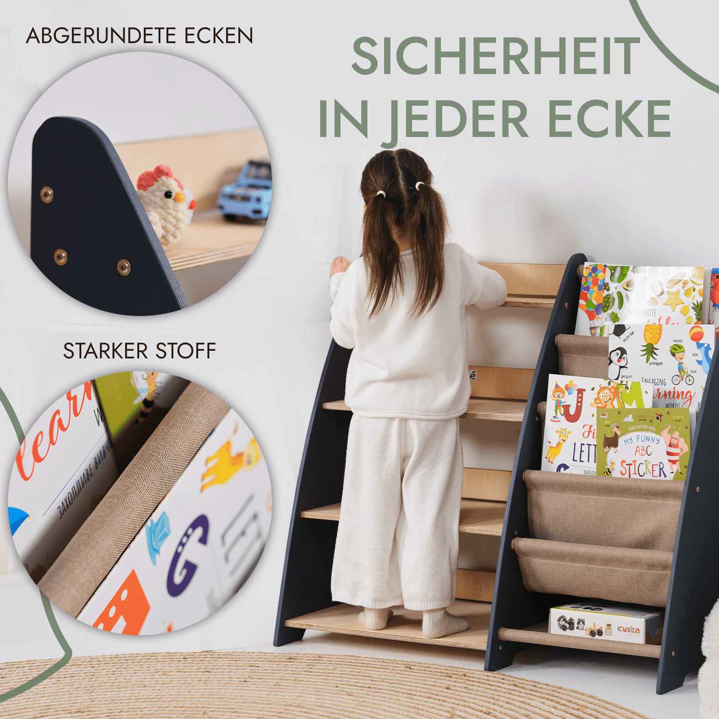 2in1 Montessori-Regal Holz - Kombi-Regal für Bücher & Spielzeug im Kinderzimmer