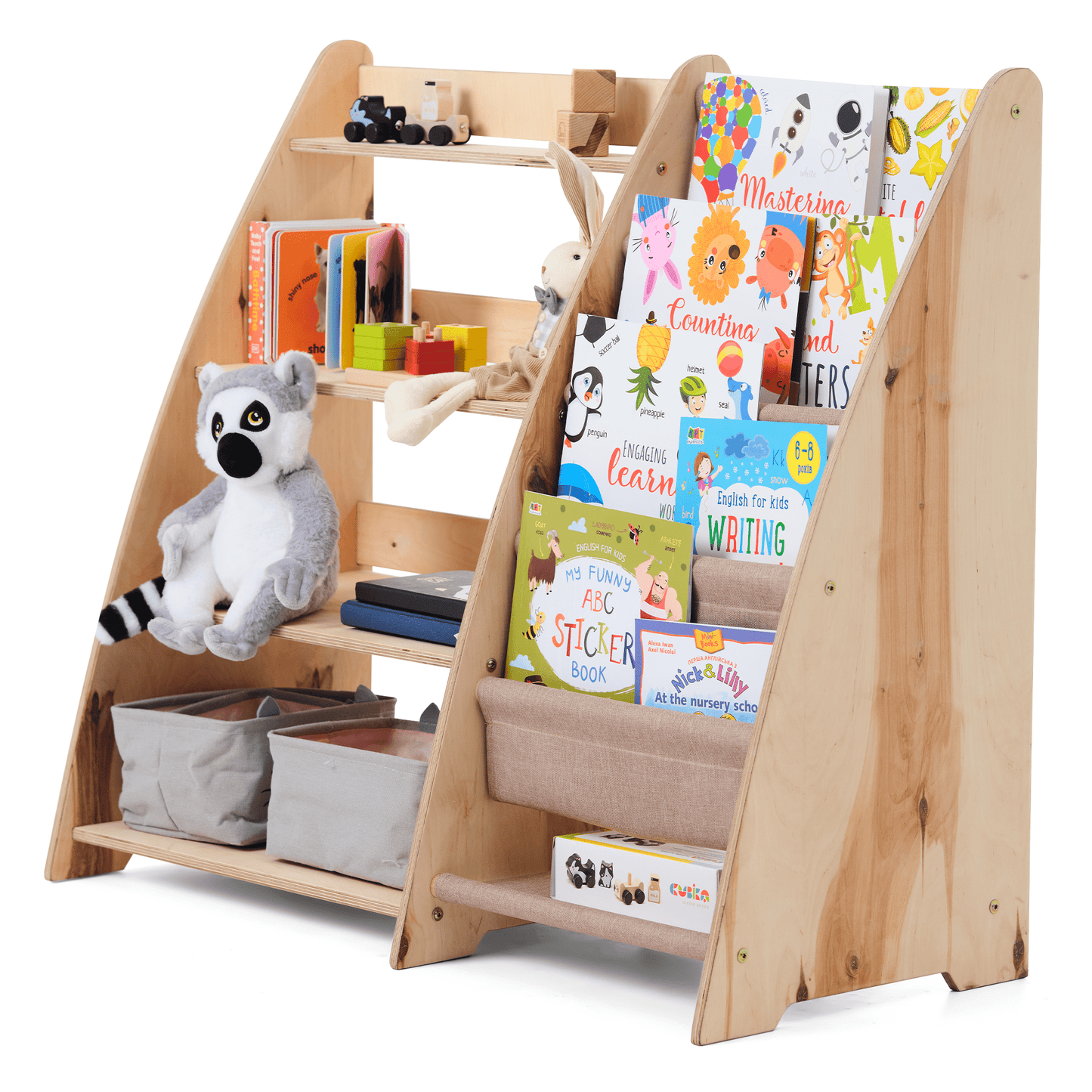 2in1 Montessori-Regal Holz - Kombi-Regal für Bücher & Spielzeug im Kinderzimmer