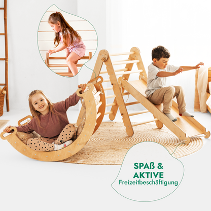 4in1 Montessori Klettergerüst Set - Kletterdreieck, Bogen mit Kissen & Rutsche (Beige)