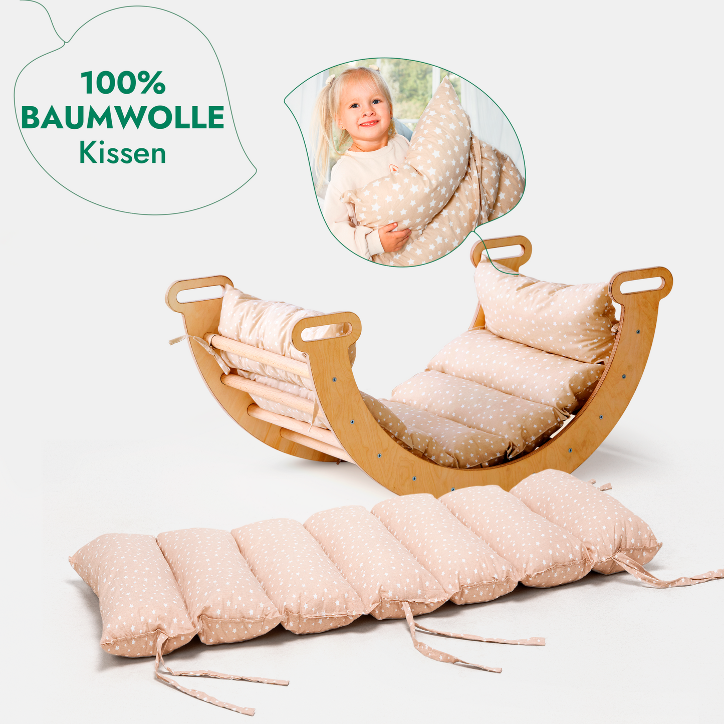 4in1 Montessori Klettergerüst Set - Kletterdreieck, Bogen mit Kissen & Rutsche (Beige)