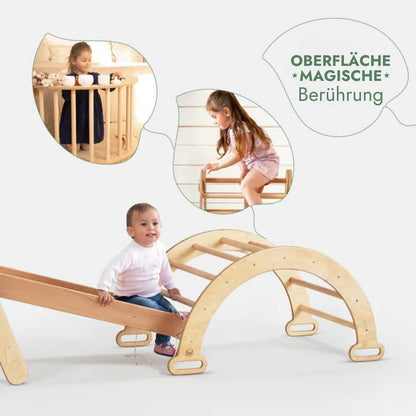 4in1 Montessori Klettergerüst Set - Pikler-Dreieck, Kletterbogen, Netz & Rutsche (Beige)