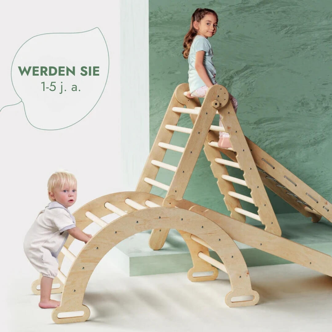 4in1 Montessori Klettergerüst Set - Pikler-Dreieck, Kletterbogen, Netz & Rutsche (Beige)
