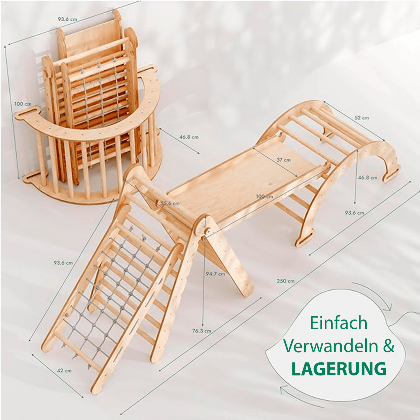 4in1 Montessori Klettergerüst Set - Pikler-Dreieck, Kletterbogen, Netz & Rutsche (Beige)
