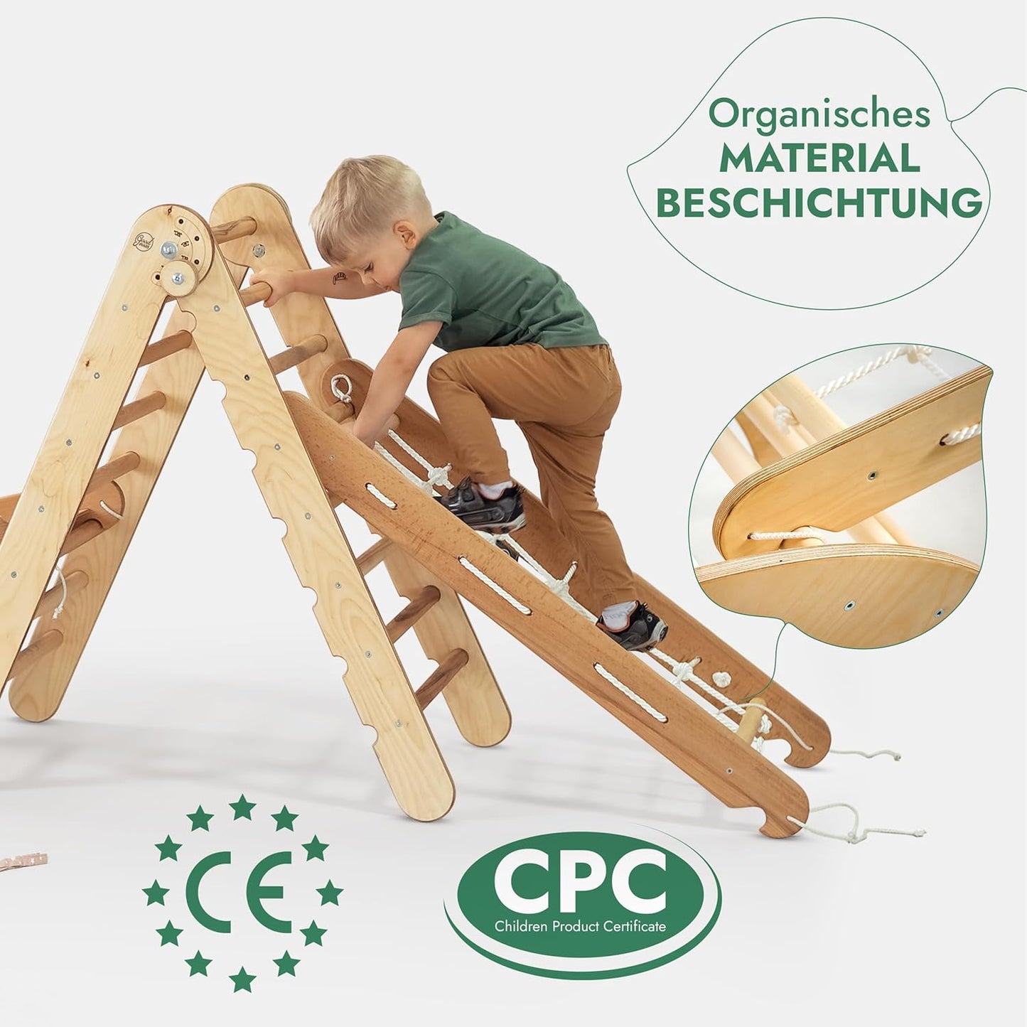 5in1 Montessori Klettergerüst Set - Kletterdreieck, Bogen mit Kissen, Netz & Rutsche (Beige)