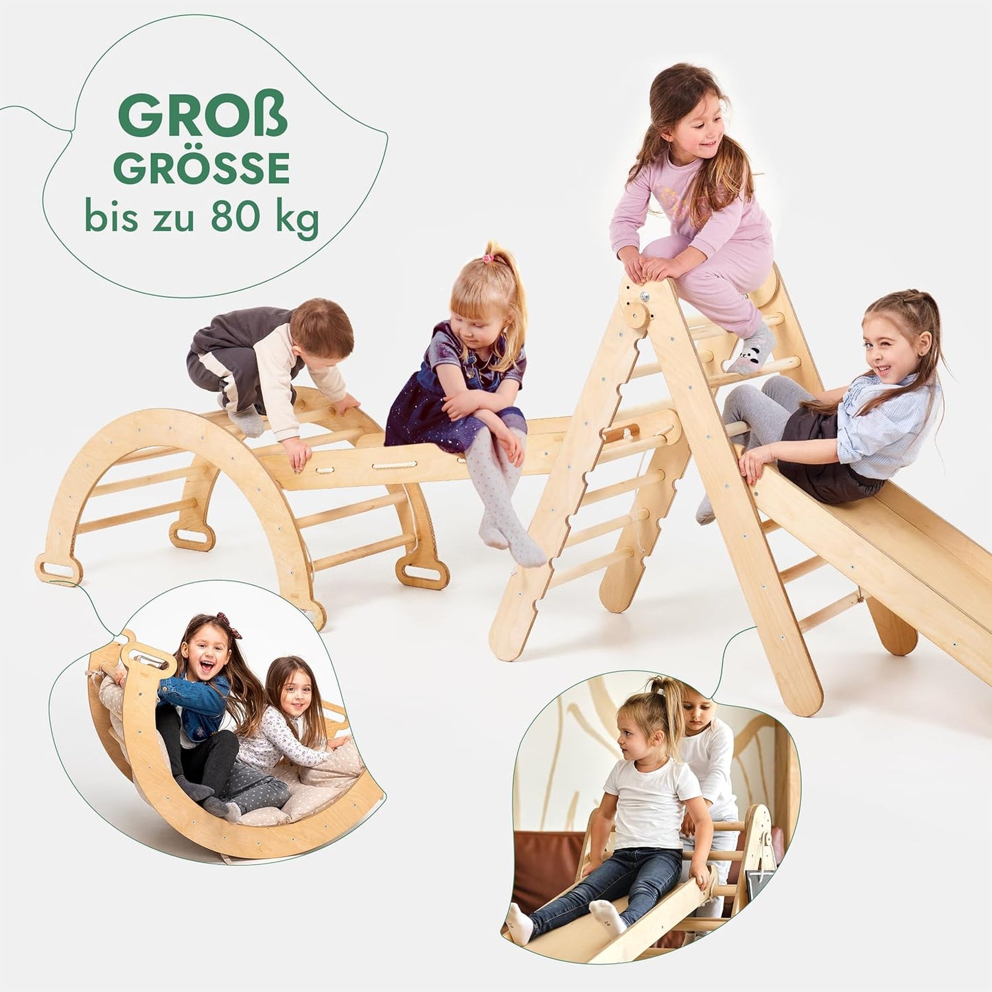 4in1 Montessori Klettergerüst Set - Pikler-Dreieck, Kletterbogen, Netz & Rutsche (Beige)