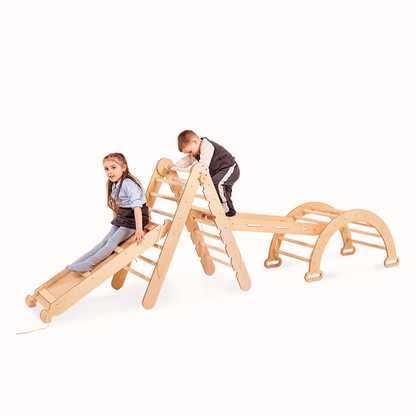 4in1 Montessori Klettergerüst Set - Pikler-Dreieck, Kletterbogen, Netz & Rutsche (Beige)