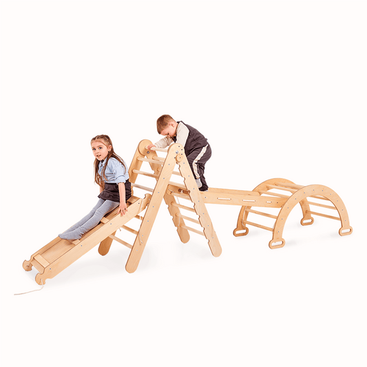 4in1 Montessori Klettergerüst Set - Pikler-Dreieck, Kletterbogen, Netz & Rutsche (Beige)