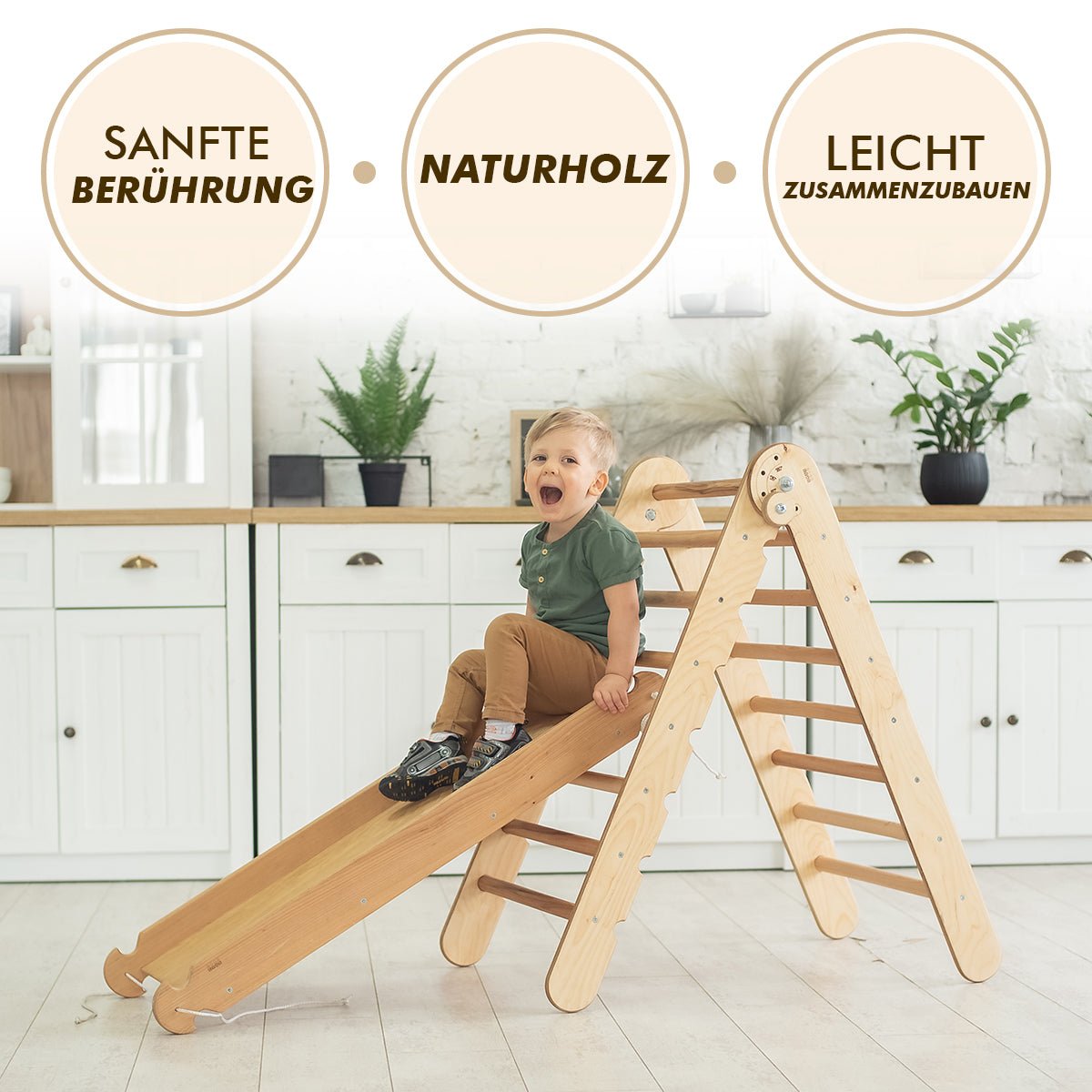 5in1 Montessori Klettergerüst Set - Kletterdreieck, Bogen mit Kissen, Netz & Rutsche (Schokolade)