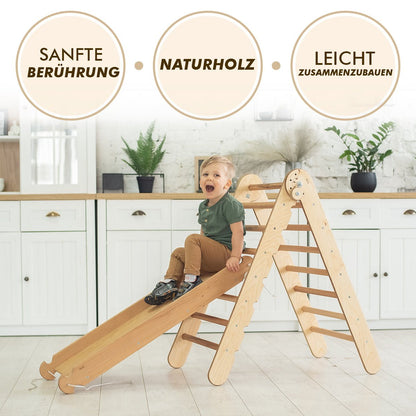 5in1 Montessori Klettergerüst Set - Kletterdreieck, Bogen mit Kissen, Netz & Rutsche (Schokolade)
