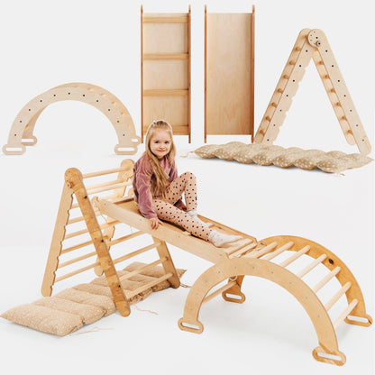 4in1 Montessori Klettergerüst Set - Kletterdreieck, Bogen mit Kissen & Rutsche (Beige)