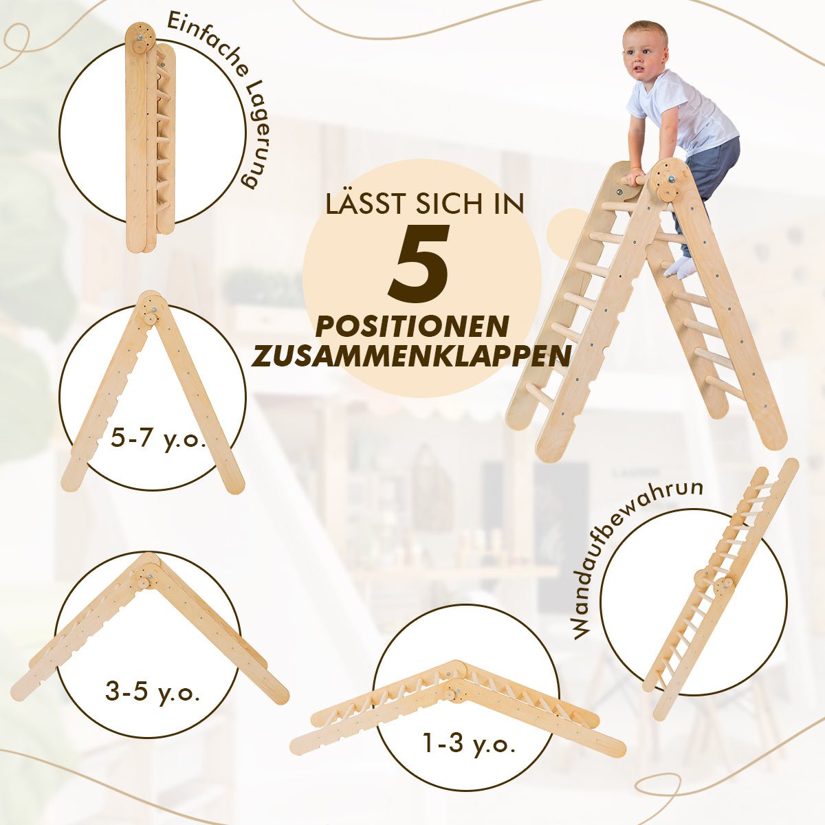 5in1 Montessori Klettergerüst Set - Kletterdreieck, Bogen mit Kissen, Netz & Rutsche (Schokolade)