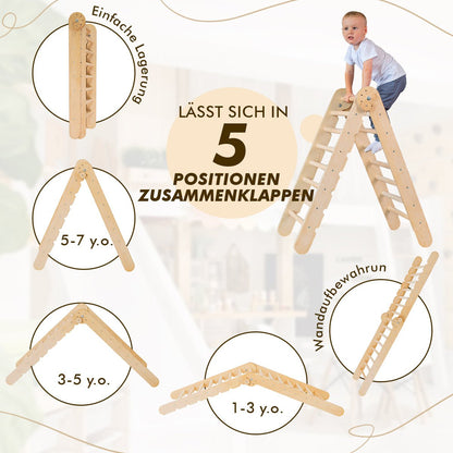 5in1 Montessori Klettergerüst Set - Kletterdreieck, Bogen mit Kissen, Netz & Rutsche (Schokolade)