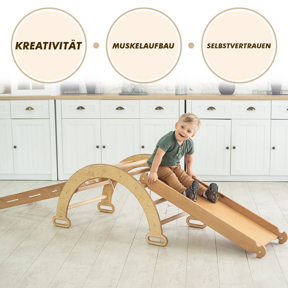 5in1 Montessori Klettergerüst Set - Kletterdreieck, Bogen mit Kissen, Netz & Rutsche (Schokolade)