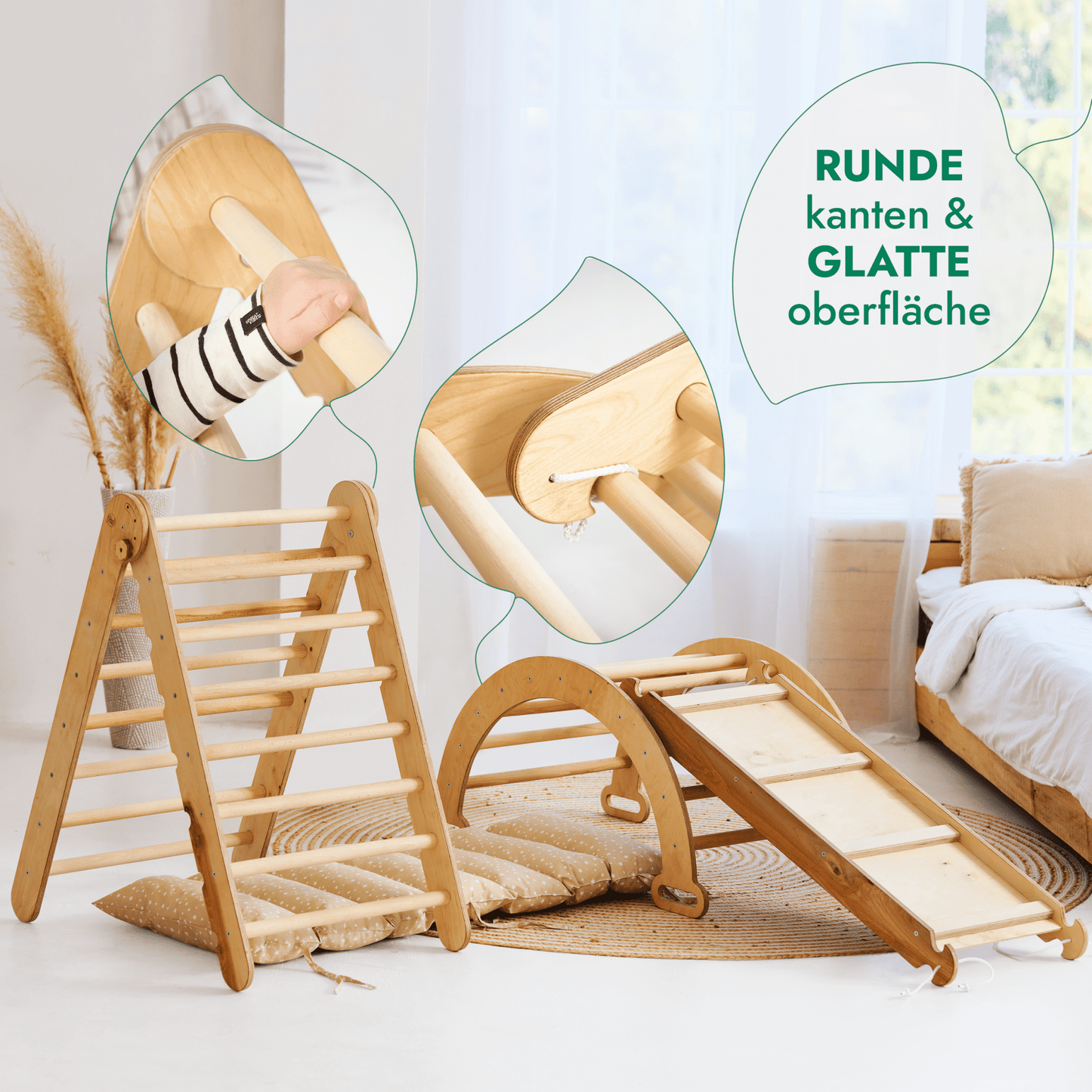4in1 Montessori Klettergerüst Set - Kletterdreieck, Bogen mit Kissen & Rutsche (Beige)