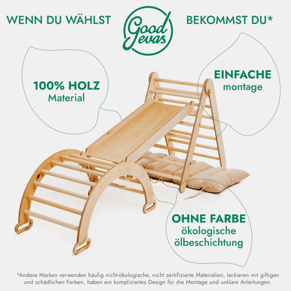 4in1 Montessori Klettergerüst Set - Kletterdreieck, Bogen mit Kissen & Rutsche (Beige)