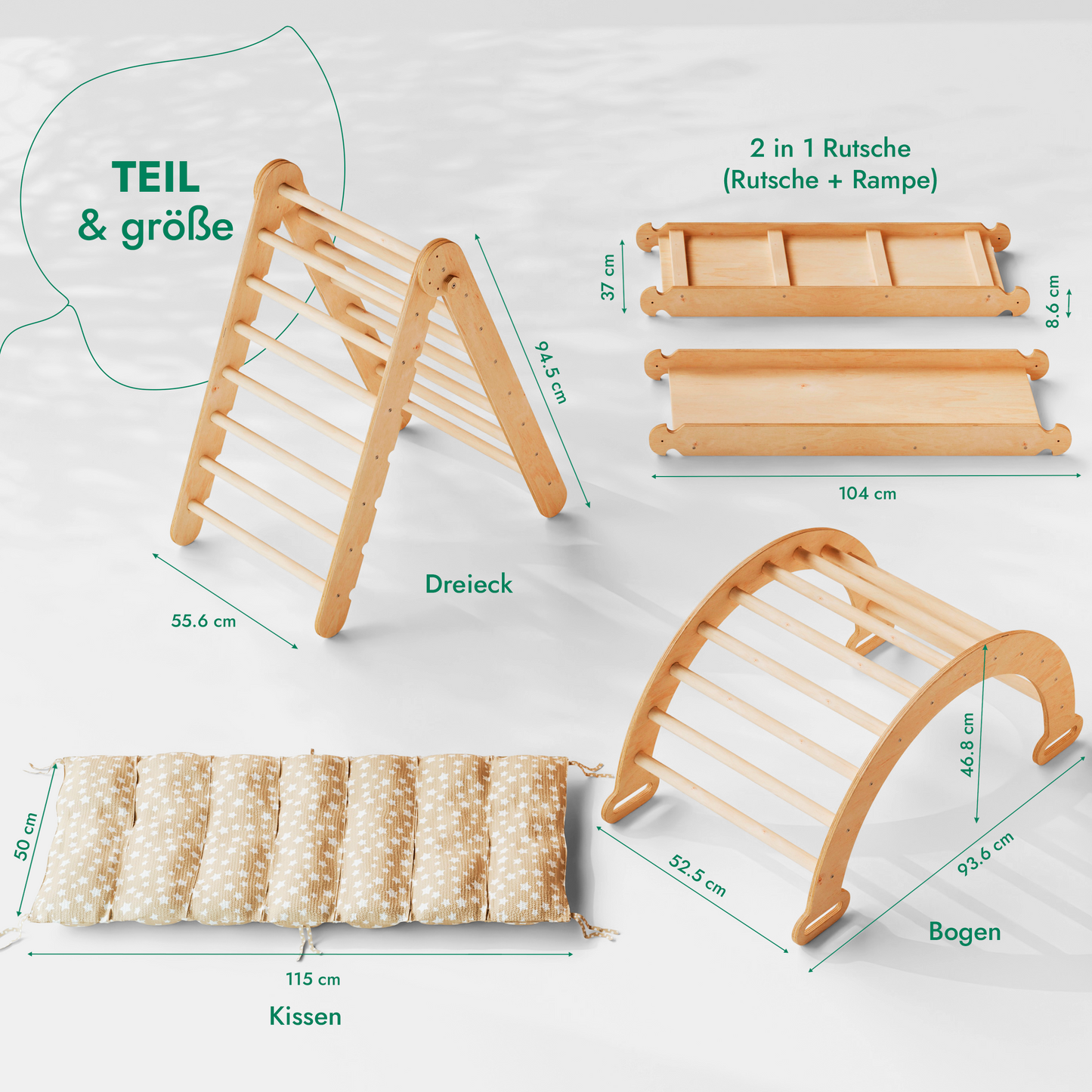 4in1 Montessori Klettergerüst Set - Kletterdreieck, Bogen mit Kissen & Rutsche (Beige)