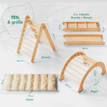 4in1 Montessori Klettergerüst Set - Kletterdreieck, Bogen mit Kissen & Rutsche (Beige)