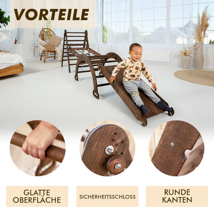 5in1 Montessori Klettergerüst Set - Kletterdreieck, Bogen mit Kissen, Netz & Rutsche (Schokolade)