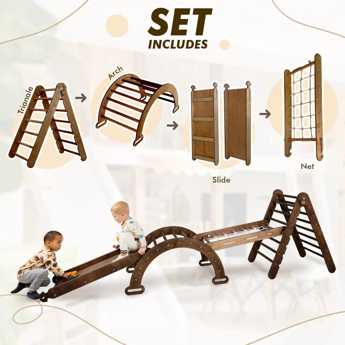 5in1 Montessori Klettergerüst Set - Kletterdreieck, Bogen mit Kissen, Netz & Rutsche (Schokolade)